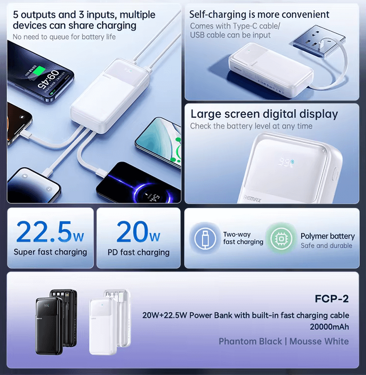20000mAh Slim Power Bank for Business Travel | USB-C PD 22W (FCC/CE Certified) LS-FC2